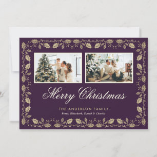 Purple and Gold Holly 2 Photo Christmas Card