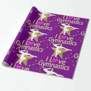 PURPLE AND GOLD I LOVE GYMNASTICS DESIGN WRAPPING PAPER
