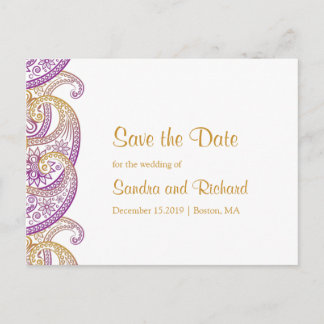 Purple and Gold Indian Paisley Save the Date Announcement Postcard