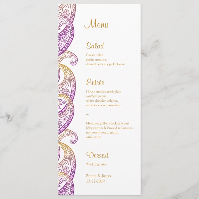 Purple and Gold Indian Paisley Wedding Menu (Front)