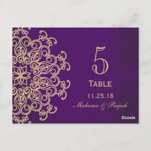 PURPLE AND GOLD INDIAN WEDDING TABLE NUMBER CARD