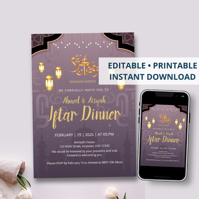 Purple and Gold Islamic Lanterns Iftar Invitation (Creator Uploaded)
