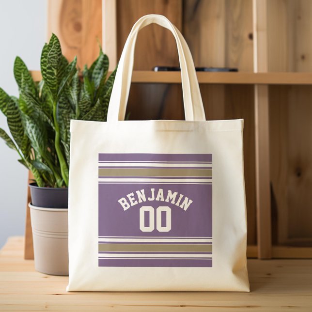 Purple and Gold Jersey Stripes Custom Name Number Tote Bag (Custom Tote Bag)