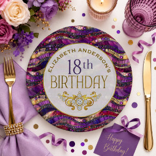Purple and Gold Jewelled Strata 18th Birthday Paper Plate