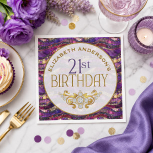 Purple and Gold Jewelled Strata 21st Birthday Napkin