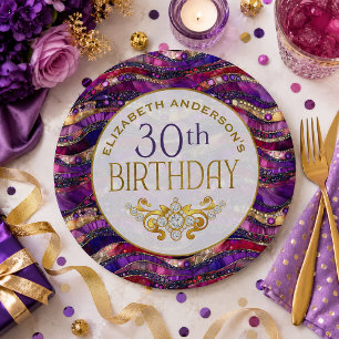 Purple and Gold Jewelled Strata 30th Birthday Paper Plate