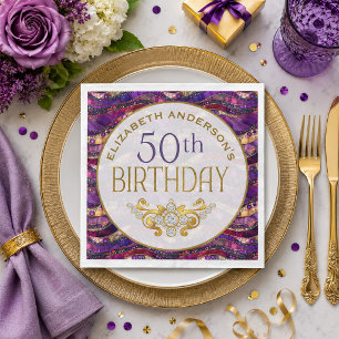 Purple and Gold Jewelled Strata 50th Birthday Napkin