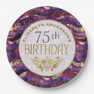Purple and Gold Jewelled Strata 75th Birthday Paper Plate
