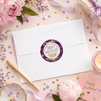 Purple and Gold Jewelled Strata 90th Birthday Classic Round Sticker