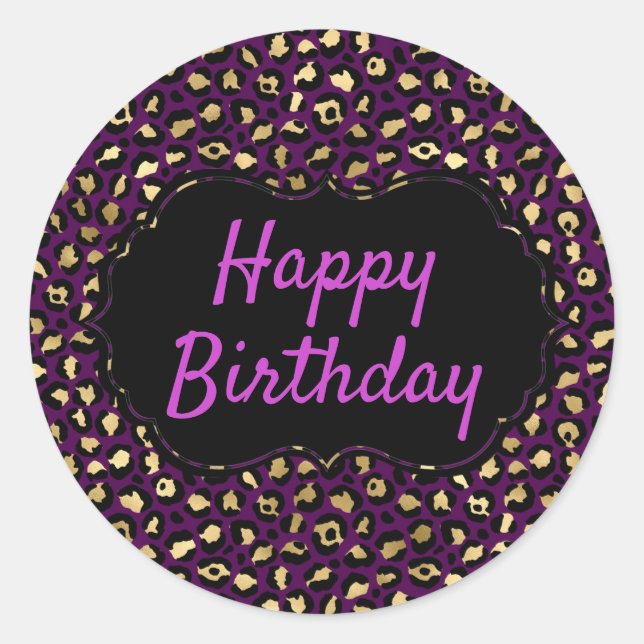 Purple and Gold Leopard Print Birthday Classic Round Sticker (Front)