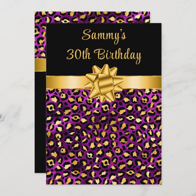 Purple and Gold Leopard Print Birthday Party Invitation (Front/Back)