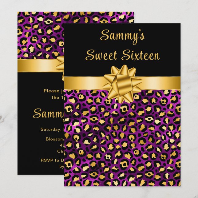 Purple and Gold Leopard Print Sweet Sixteen Invitation (Front/Back)