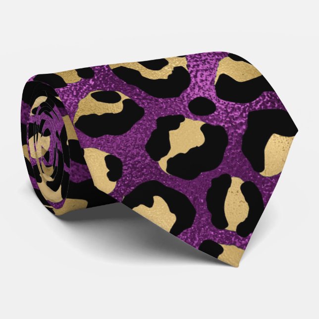 Purple and Gold Leopard Print Tie (Rolled)