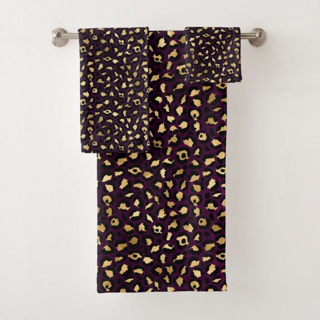 Purple and Gold Leopard Series Design 2 Bath Towel Set (Insitu)
