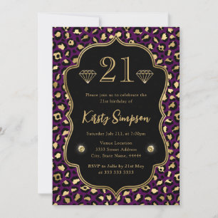 Purple and Gold Leopard Spots 21st Birthday Invitation