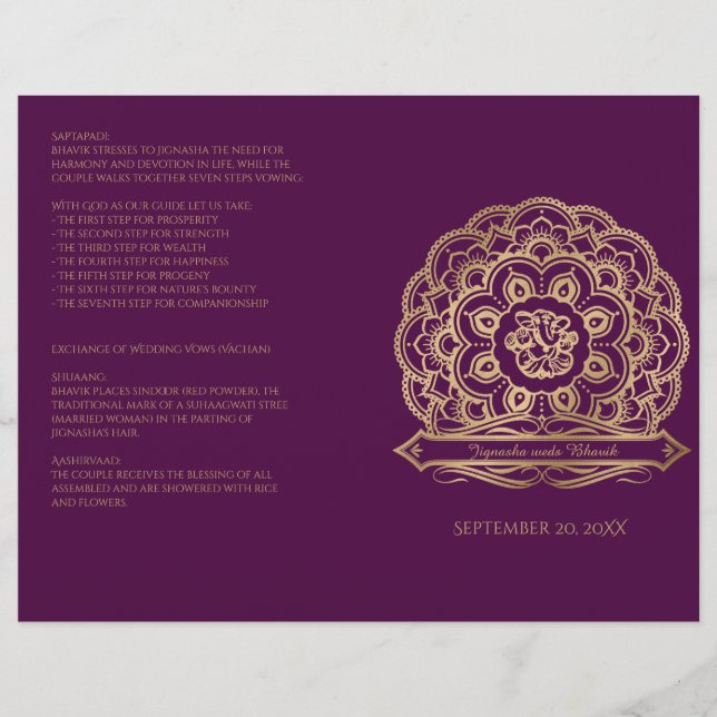 Purple and Gold Mandala Hindu Wedding Program (Front)