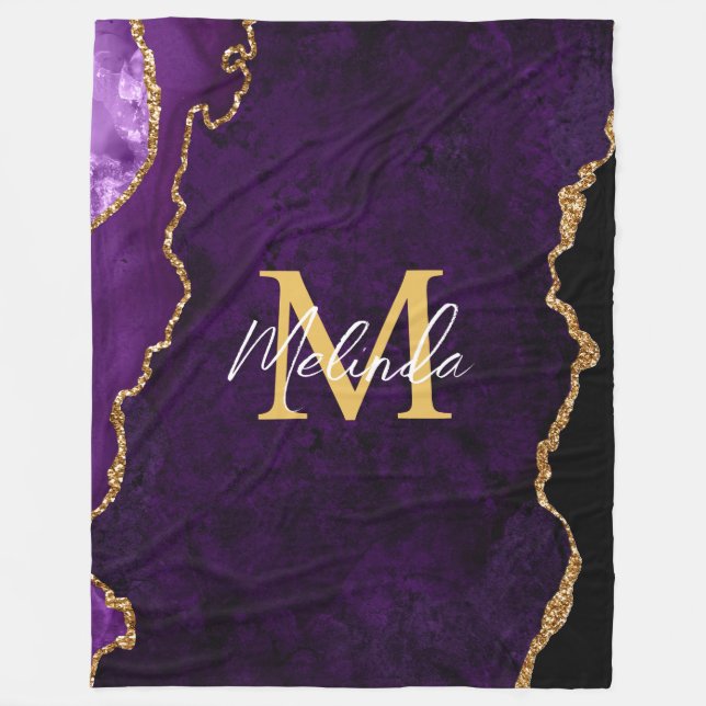 Purple and Gold Marble Agate Fleece Blanket (Front)