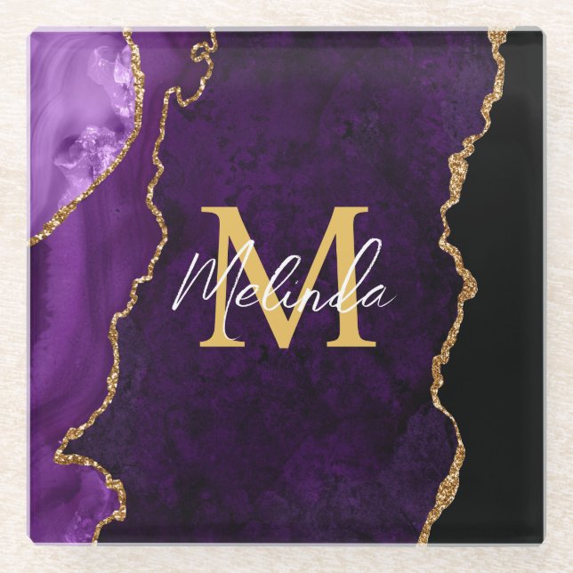 Purple and Gold Marble Agate Glass Coaster (Front)