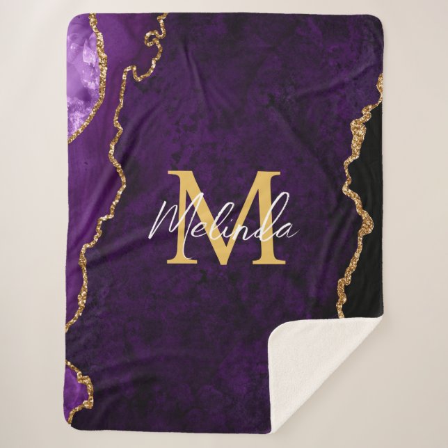 Purple and Gold Marble Agate Sherpa Blanket (Front)