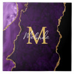 Purple and Gold Marble Agate Tile<br><div class="desc">This tile features an elegant and glamourous agate marble background with geode gemstone detailing and faux gold glitter accents. The monogram combines handwritten script and modern sans serif fonts for a classy and sophisticated look. This will make the ideal gift as it can be customised with a name and initial....</div>