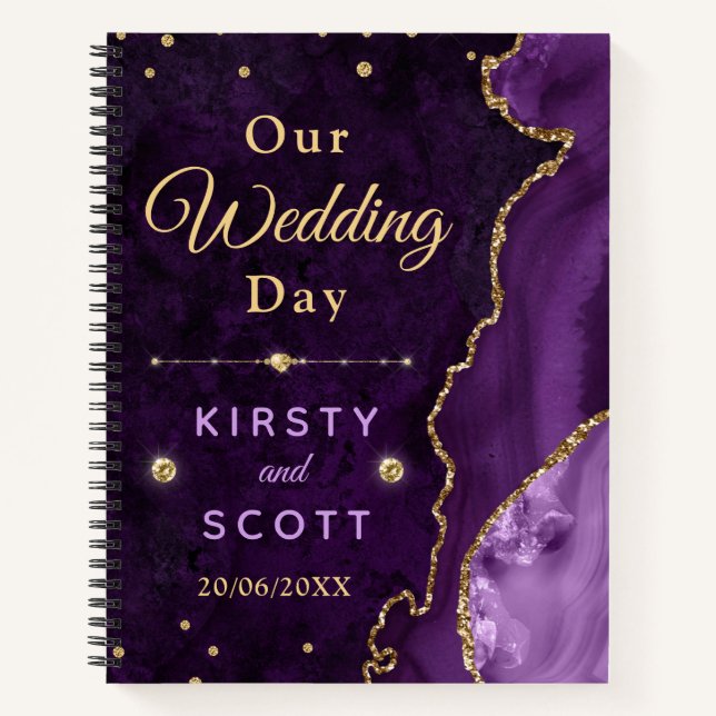 Purple and Gold Marble Agate Wedding Photos  Notebook (Front)