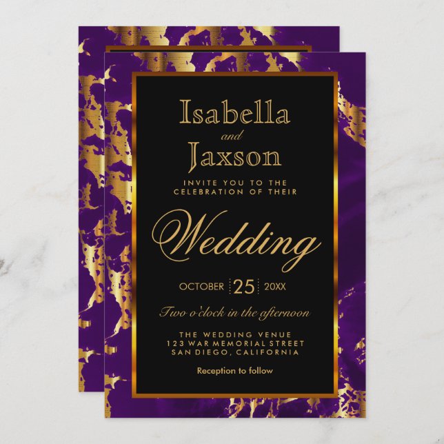 Purple and Gold Marble and Black Invitation (Front/Back)