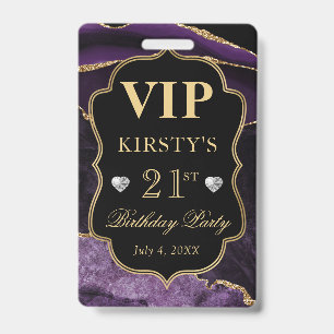 Purple and Gold Marble Glitter Agate Birthday VIP ID Badge