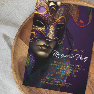 Purple and Gold Masquerade Party with Vibrant Mask Invitation