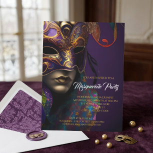 Purple and Gold Masquerade Party with Vibrant Mask Invitation