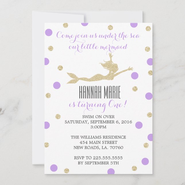 Purple and Gold Mermaid Birthday Party Invitation (Front)