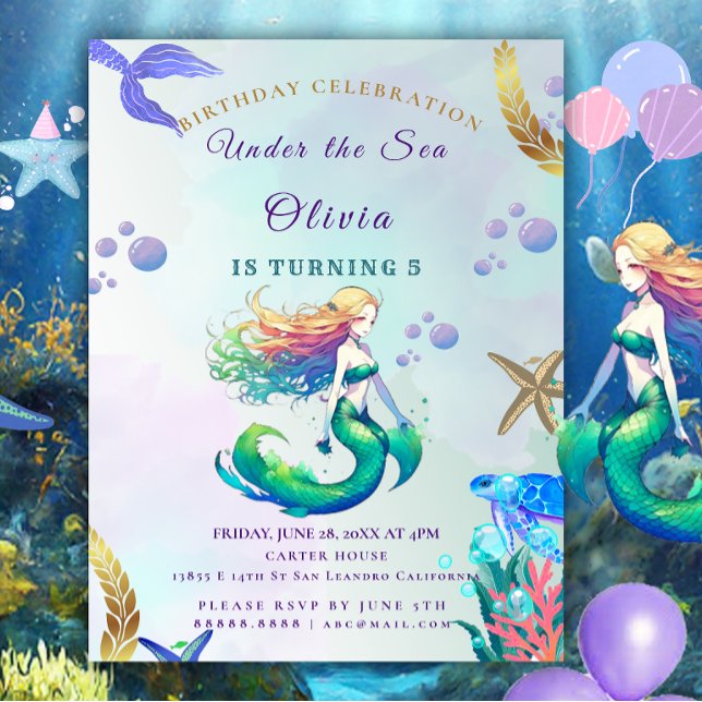 Purple and Gold Mermaid Birthday under the Sea Invitation (Creator Uploaded)
