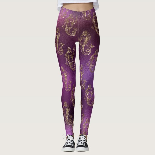 Purple And Gold Mermaid Pattern Leggings (Front)