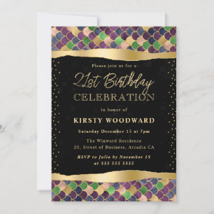 Purple and Gold Mermaid Scales 21st Birthday Invitation