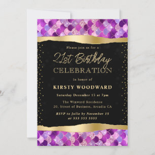 Purple and Gold Mermaid Scales 21st Birthday Invitation