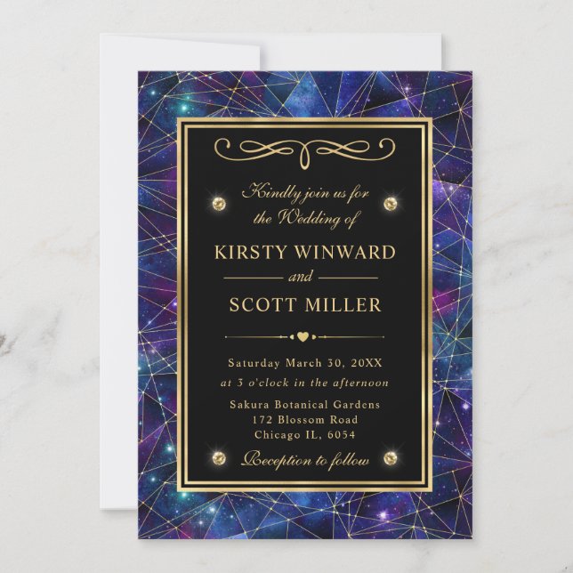 Purple and Gold Midnight Crystal Galaxy Wedding Invitation (Front)