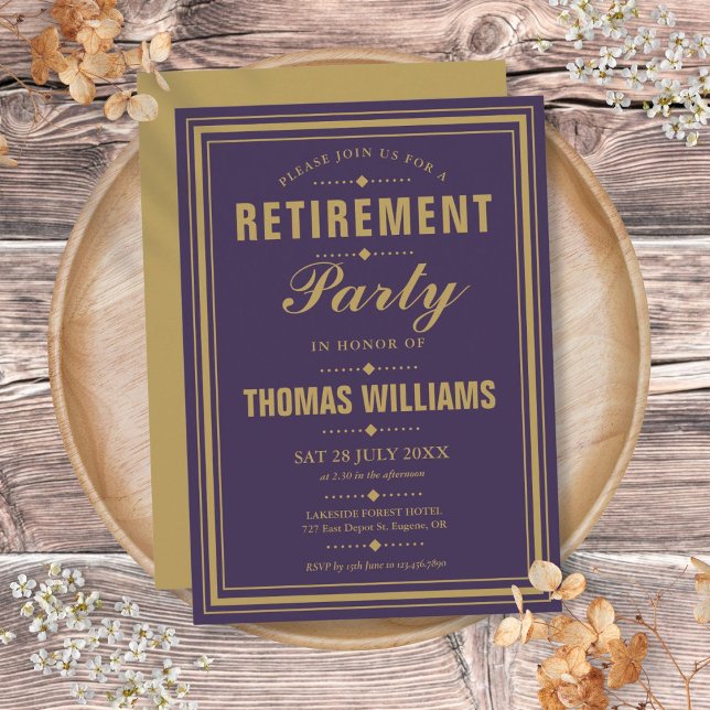 Purple And Gold Modern Elegant Retirement Party Invitation (Purple And Gold Modern Elegant Retirement Party Invitation)