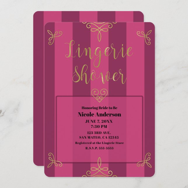 Purple and Gold Modern Glam Lingerie Shower Invitation (Front/Back)