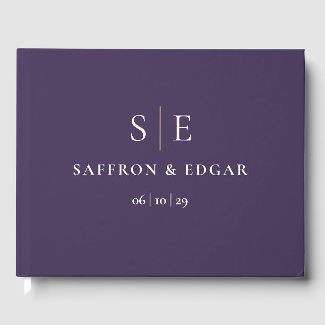 Purple And Gold Monogram Wedding Guest Book (Front)