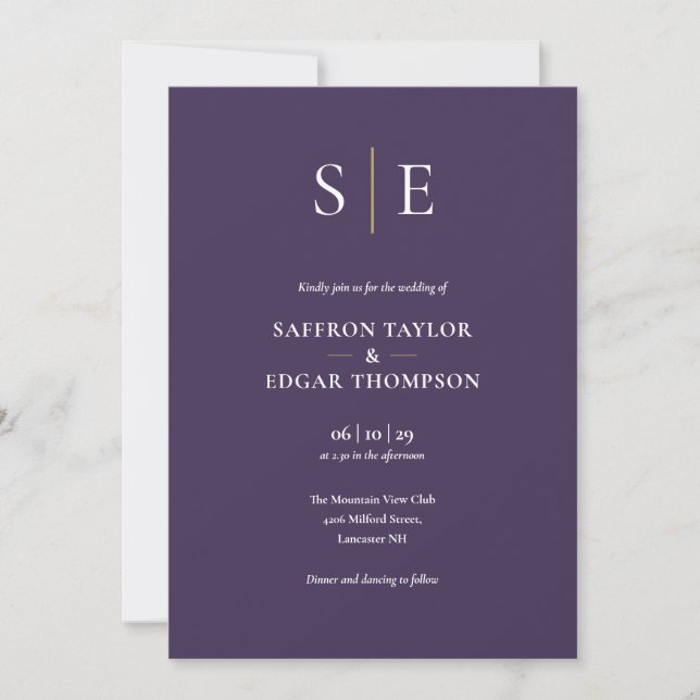 Purple And Gold Monogram Wedding Invitation (Front)