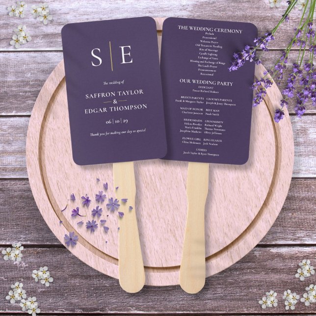 Purple And Gold Monogram Wedding Program Hand Fan (Purple And Gold Monogram Wedding Program Hand Fan)