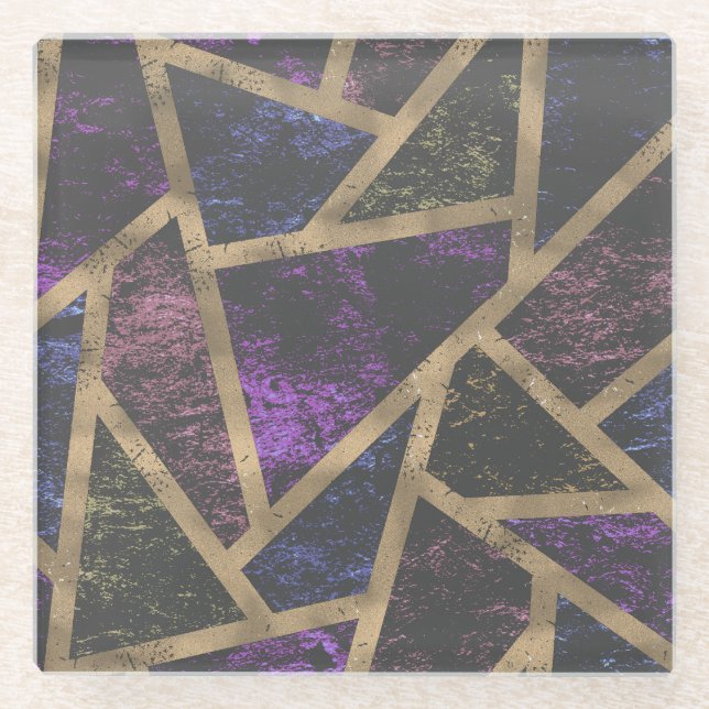 Purple and gold mosaic pattern glass coaster (Front)