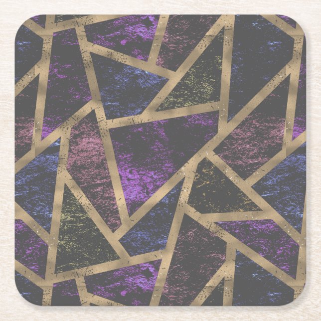 Purple and gold mosaic pattern square paper coaster (Front)