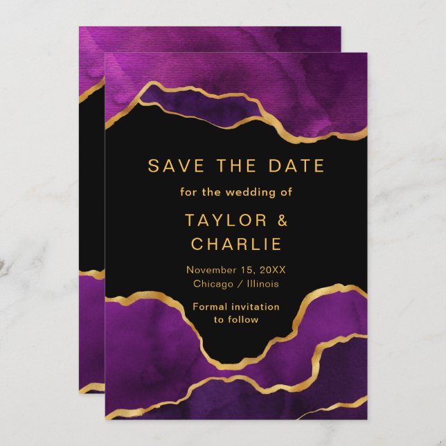 Purple and Gold Painted Agate Save the Date (Front/Back)