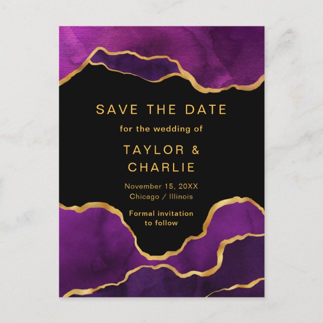 Purple and Gold Painted Agate Save the Date Postca Postcard (Front)