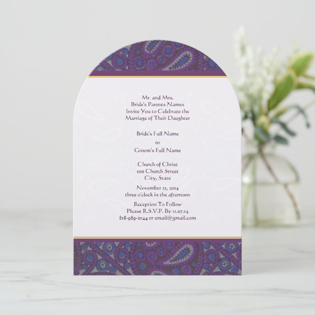 Purple and Gold Paisley Wedding Invitation (Standing Front)