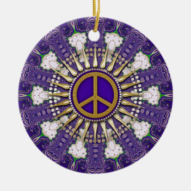 Purple and Gold Peace Sign Ceramic Tree Decoration (Front)