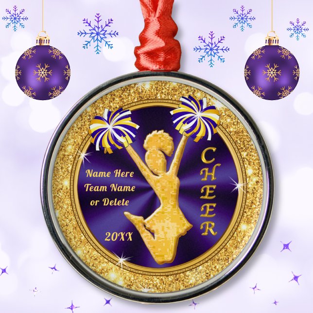 Purple and Gold Personalised Cheer Christmas Gifts Metal Tree Decoration (Cheerleader Christmas Tree Ornaments. Awesome, Personalized Senior Cheer Gifts. Cheerleader gifts.)