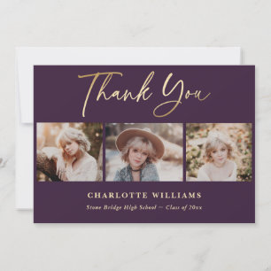Purple and Gold Photo Collage Graduation Thank You Card