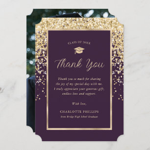 Purple and Gold Photo Graduation Thank You Card