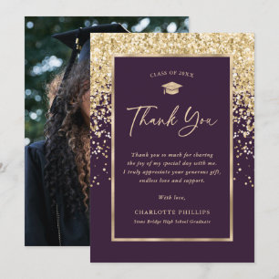 Purple and Gold Photo Graduation Thank You Card